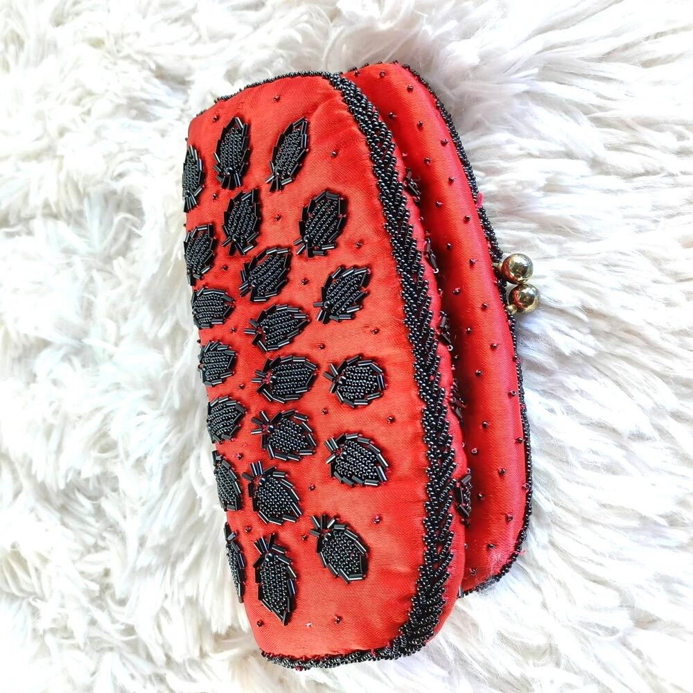 Ruby Red Small Black Strawberry Shape Beaded Clut… - image 3